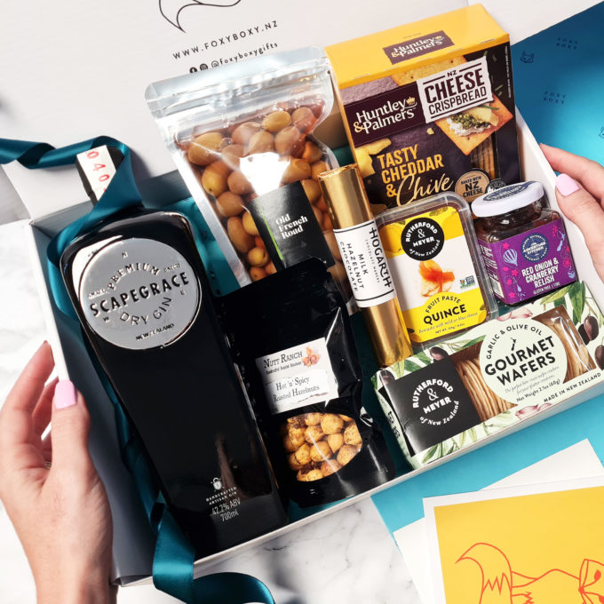 Deluxe NZ Gin Hamper by FOXY BOXY, premium dry gin from Scapegrace and gourmet nibbles