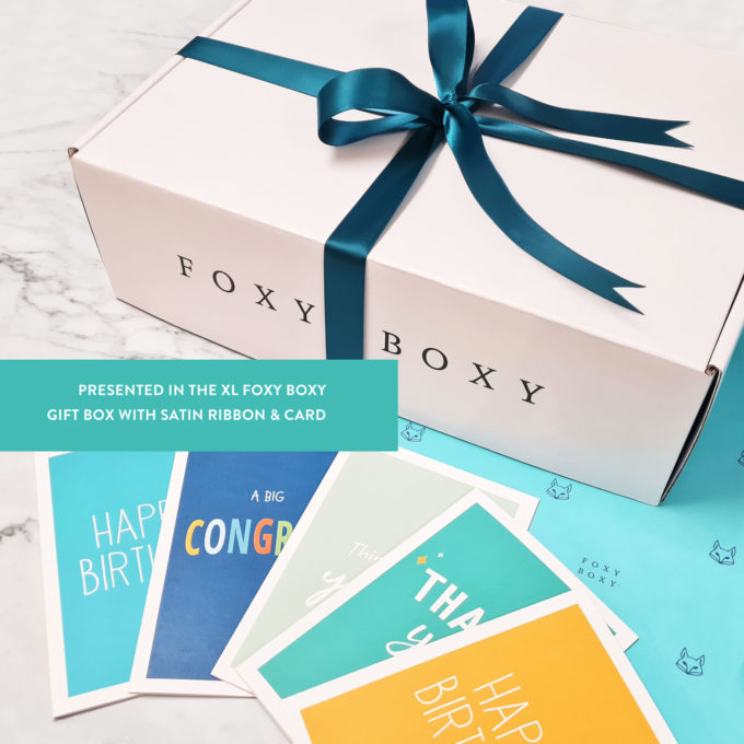 XL Foxy Boxy gift box with teal satin ribbon