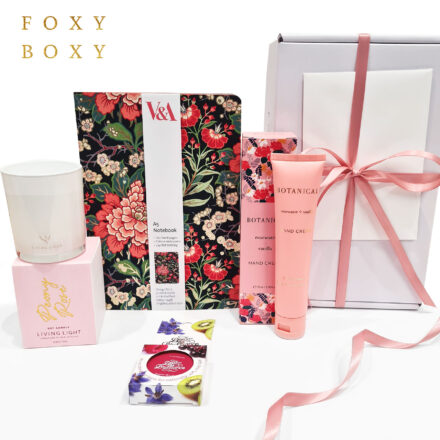 Pretty In Pink Gift Box By FOXY BOXY With Peony Rose Scented Soy Candle, Luxury Rosewater Hand Cream, Tinted Lip Balm And Stunning Notebook