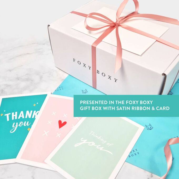 Presented in the FOXY BOXY gift box with blush satin ribbon & card