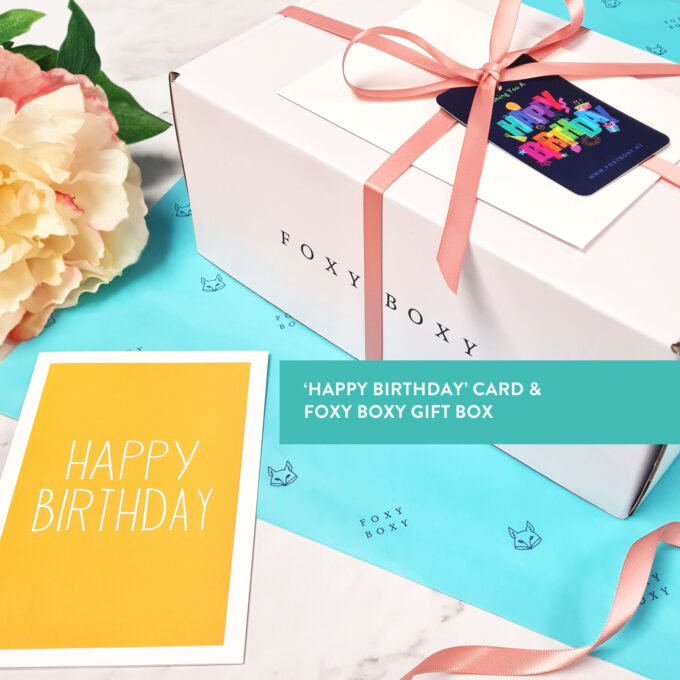 FOXY BOXY gift box with 'happy birthday' swing tag and card