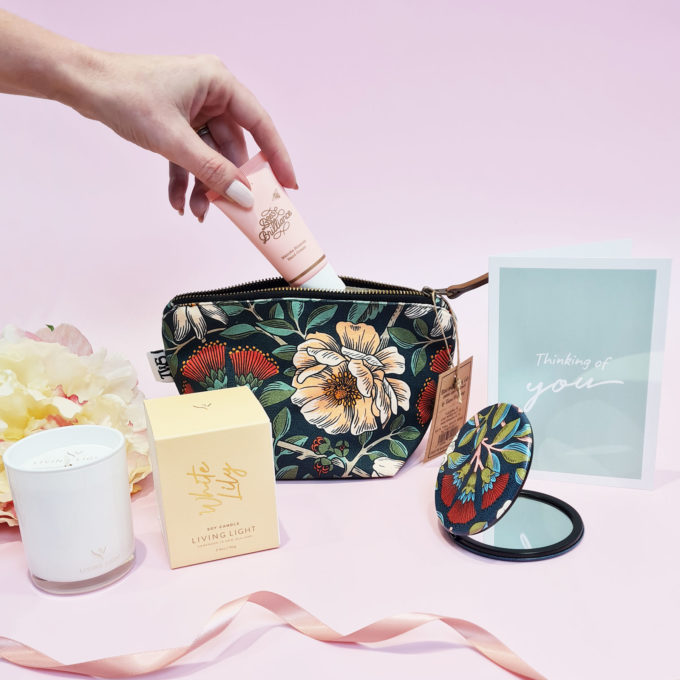 A Little Something Special gift box by FOXY BOXY. Lovely scented soy candle, manuka blossom hand cream, compact mirror and stunning cosmetic pouch.