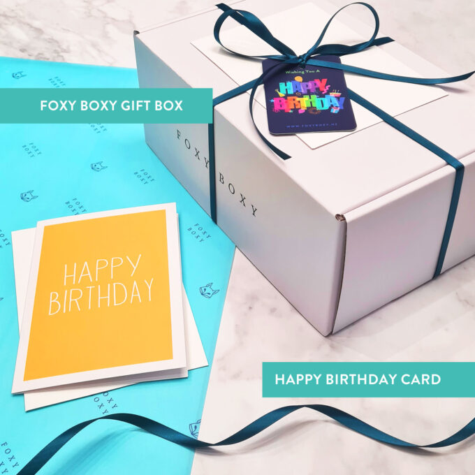 FOXY BOXY gift box themed to "happy birthday" when you select the "happy birthday" card.