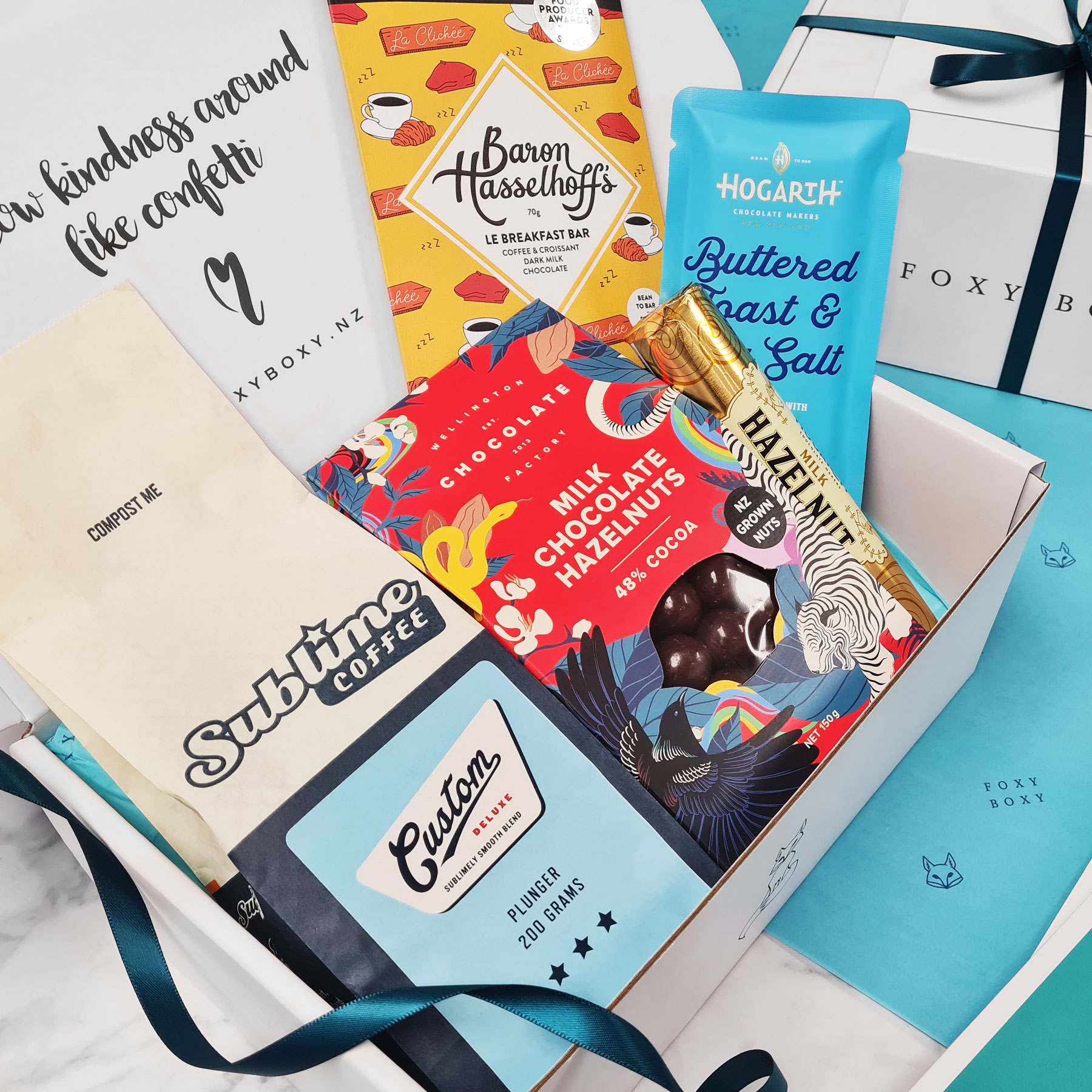 Coffee Is Life gift box by FOXY BOXY. Combining premium coffee from Sublime Coffee with delicious New Zealand award-winning chocolate.