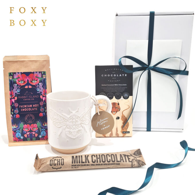 Buzzworthy gift box by FOXY BOXY. Bumble bee mug, NZ craft chocolate and hot chocolate