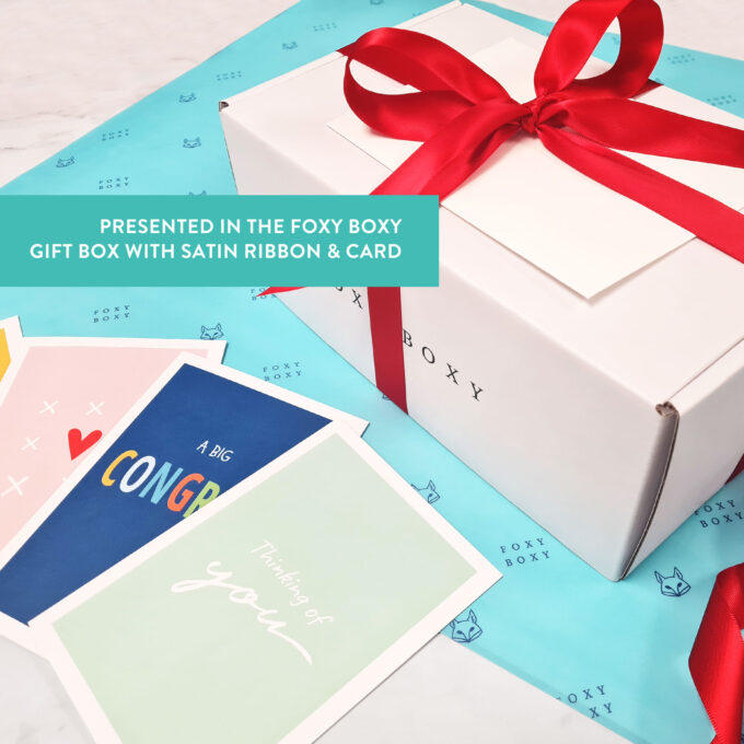 FOXY BOXY gift box with red satin ribbon