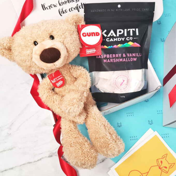 Hug In A Box gift box by FOXY BOXY. GUND Toothpick Teddy Bear and Kapiti Candy Co fresh marshmallows