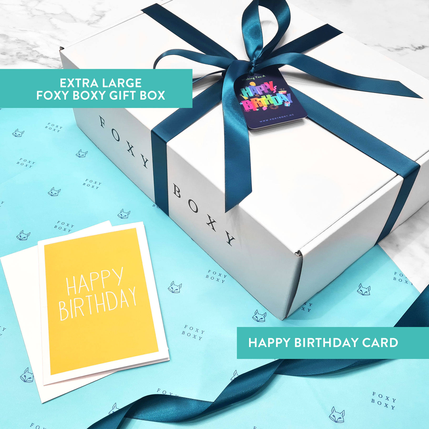 FOXY-BOXY-extra-large-birthday-themed-gift-box-hamper Extra large FOXY BOXY gift box themed to "Happy Birthday" automatically with the selection of the birthday card.