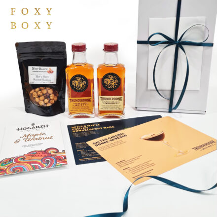 Whisky & Treats Gift Box By FOXY BOXY. 100% NZ Made, 2 Varieties Of Flavoured Whisky, Award-winning Chocolate, Hot 'n Spicy Roasted Hazelnuts And 2 Cocktail Recipe Cards
